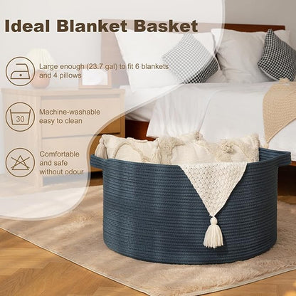 OIAHOMY 90L Blanket Basket for Living Room, Large Basket 23" x 23" x 13" with Handle, Laundry Hamper for Blankets, Pillows, Toy Storage for Kids, Dogs - Blue