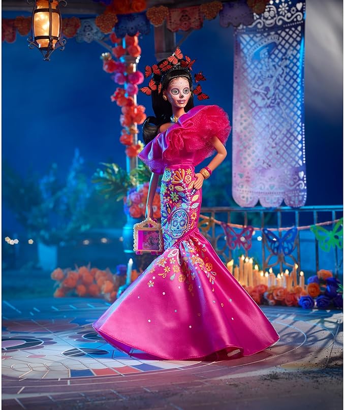 Barbie Signature Fashion Doll, 2023 Dia de Muertos Collectible Wearing Ruffled Pink Gown & Holding Tiny Ofrenda, Includes Doll Stand