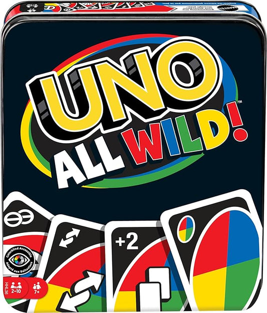 Mattel Games UNO All Wild Card Game for Family Night, Travel Game in Collectible Tin Where All Cards Are Wild, 2-10 Players (Amazon Exclusive)