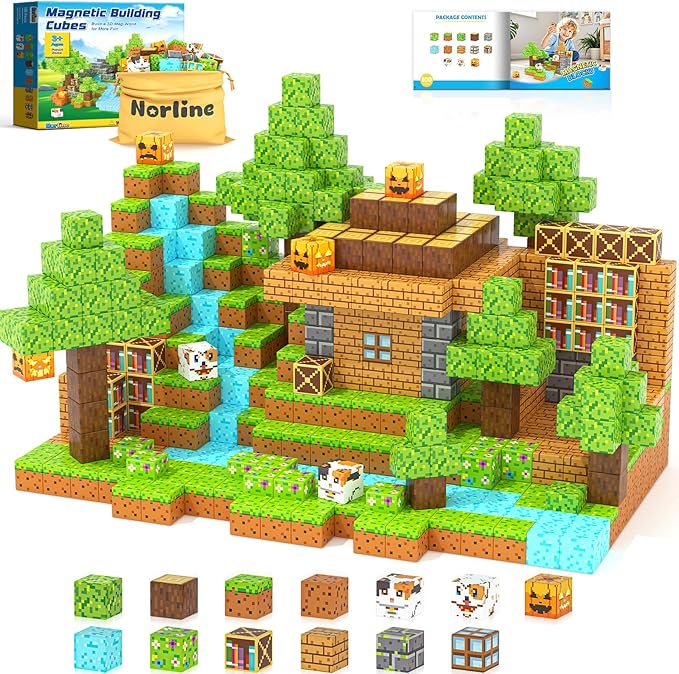 Norline Magnetic Blocks - 100PCS Build Mine Magworld Forest Cottage Set, Kids Building Toys for Boys Girls Age 3-5 4-8 5-7, Construction Craft Sensory Toys Birthday Gifts for 3+ Years Old