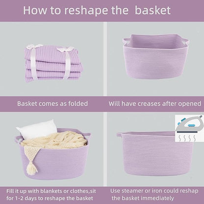 XUANGUO Large Rectangle Blankets Basket Living Room 22"x17"x12" Woven Cotton Rope Storage Baskets for Nursery Toy Basket for Kids Wicker Laundry Baskets Bin for Clothes Towels purple or Lavendor