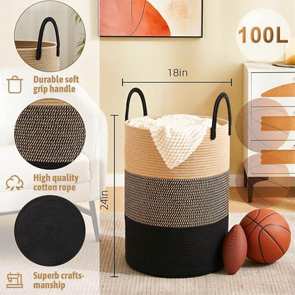 Artfeel Laundry Basket,Woven Cotton Rope Laundry Hamper,100L for Decorative Storage of Dirty Clothes,Toys and Blankets in Bathroom,Bedroom and Living Room