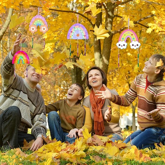 12 Pack Rainbow Wind Chime Kits DIY Wind Chime Crafts Make Your Own Wind Chimes DIY Coloring Wooden Art and Craft Gift for Girls Boys Spring Summer Home Classroom Party Activity Art Project