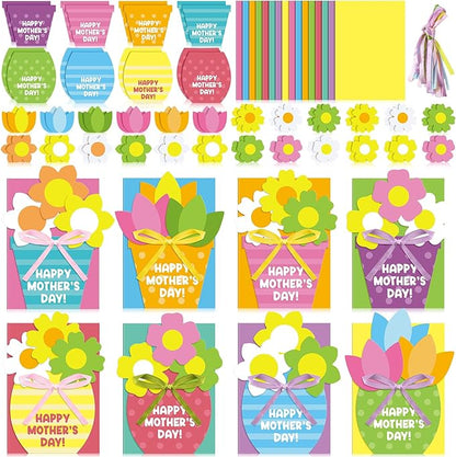 Geyee 16 Sets Mother's Day Greeting Card Kit for Kids Flower Pots Card Making Kit with Ribbon Happy Mothers Day DIY Art and Craft Projects Gifts for Kids Classroom Game Home Activities