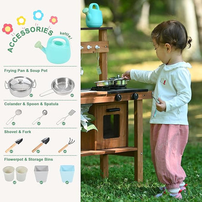 Mud Kitchen for Kids Outdoor,Wooden Play Kitchen with Removable Sink, Faucet,Storage Shelves, Backyard Garden Toddler Kitchen Playest, Kitchenware, Stove, Gift for Boys and Girls