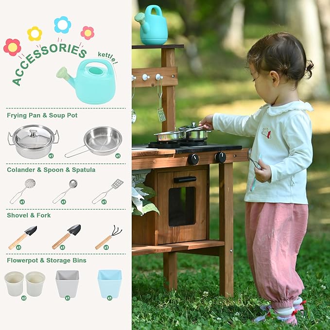 Mud Kitchen for Kids Outdoor,Wooden Play Kitchen with Removable Sink, Faucet,Storage Shelves, Backyard Garden Toddler Kitchen Playest, Kitchenware, Stove, Gift for Boys and Girls