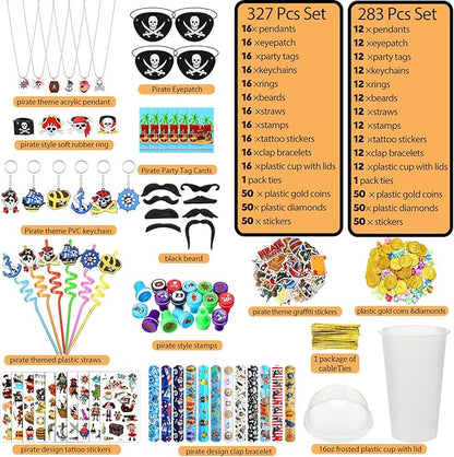 Spakon 283 Pcs Pirate Party Favors Supplies Halloween Party Include Pirate Pendants Bracelets Cup Straw Keychains Rings Eye Masks Mustache Tattoo Stickers Gold Coins Cards for Birthday Party