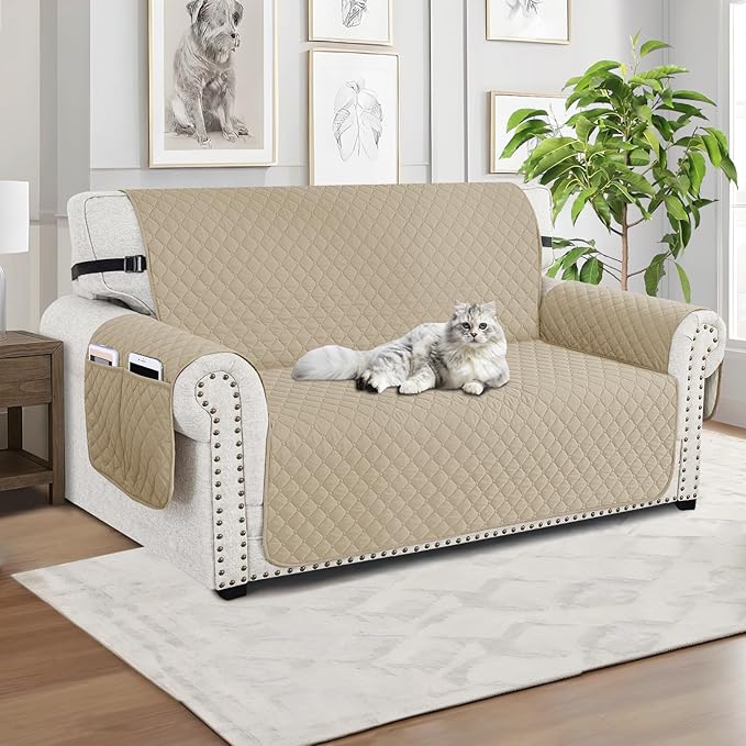 XINEAGE Loveseat Sofa Cover Waterproof Couch Covers for 2 Cushion Couch, Soft Washable Slipcover with Pockets & Non-Slip Elastic Straps, Thick Furniture Protector (Loveseat, Khaki)