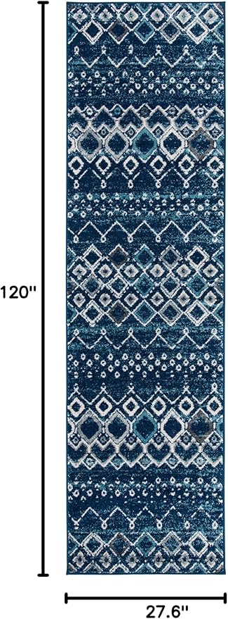 SAFAVIEH Amsterdam Collection Runner Rug - 2'3" x 10', Navy & Beige, Moroccan Boho Design, Non-Shedding & Easy Care, Ideal for High Traffic Areas in Living Room, Bedroom (AMS108N)