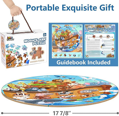 iPlay, iLearn Toddlers Noah's-Ark Wooden Animal Puzzles, Kids Floor Puzzles for Ages 3-5, 4-8, Large 51 Pieces Round Jigsaw Puzzle Educational Toys, Birthday Gift for 6 7 Years Old Boys Girls Children