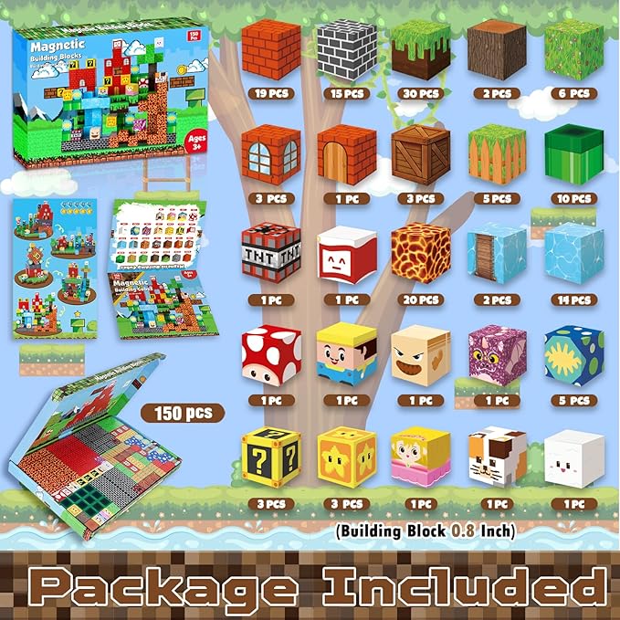 ToyUnited Magnetic Blocks-150 PCS Build Adventure Game Castle World Set - Magnetic Building Cubes Stacking, STEM Montessori Sensory Toys for Kids Boys Girls Ages 3+ Easter Birthday Gifts