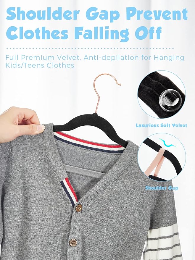 Smartor Kids Velvet Hangers 50 Pack, 14'' Inch Premium Non Slip Kids Felt Hangers for Closet, Space Saving Toddler Clothes Hanger for Youth's Childrens' Clothes (Rose Gold Hook)- White