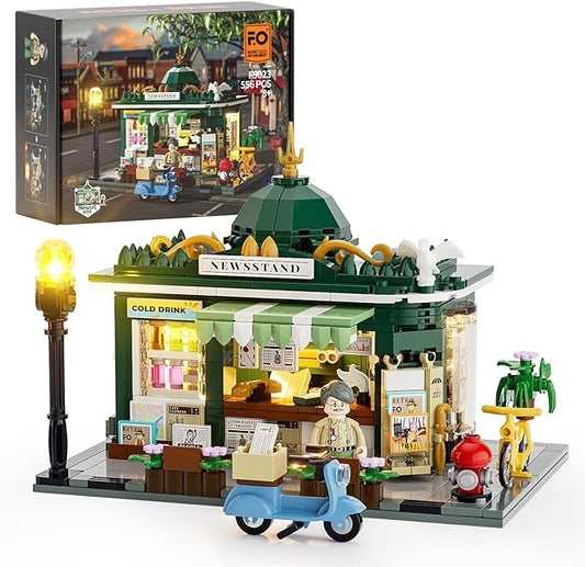 FUNWHOLE Newsstand Lighting Building Bricks Set - City Town Life Newsstand LED Light Construction Building Model Set 556 Pcs for Adults and Teen