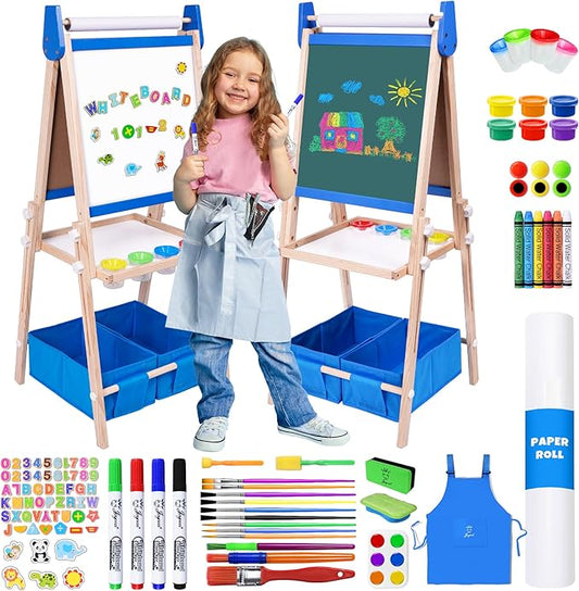 Joyooss Art Easel for Kids Easel for Toddlers, Kids Art Easel Magnetic Whiteboard & Chalkboard Adjustable Standing Wooden, Art Easel for Kids Age 4-8 9-12 Easel Kids Easels for Toddler Art Easel