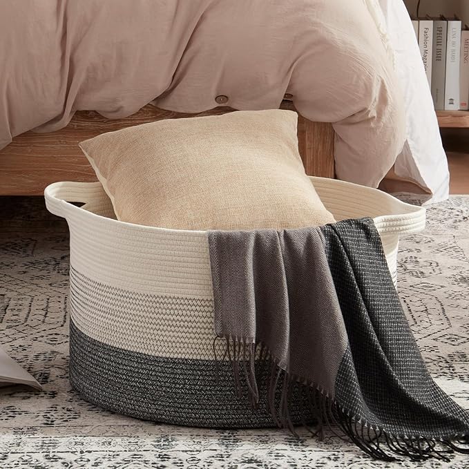 OIAHOMY 90L Blanket Basket for Living Room, Large Basket 23" x 23" x 13" with Handle, Laundry Hamper for Blankets, Pillows, Toy Storage for Kids, Dogs - Black and White