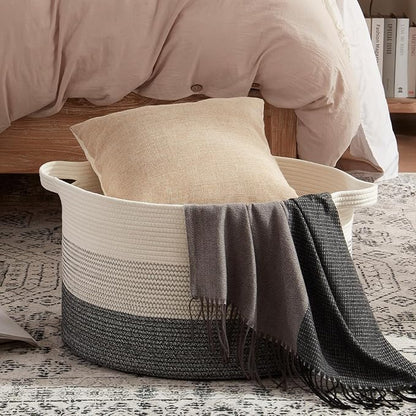OIAHOMY 90L Blanket Basket for Living Room, Large Basket 23" x 23" x 13" with Handle, Laundry Hamper for Blankets, Pillows, Toy Storage for Kids, Dogs - Black and White