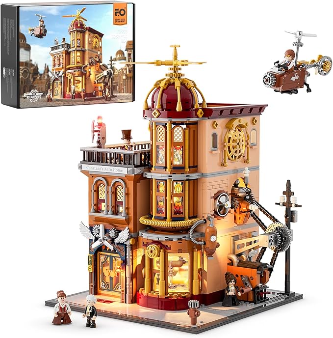 FUNWHOLE Steampunk Flying Club Lighting Building-Bricks Set - 1871 Pcs Modular Building Blocks Display Collectible Set for Adults