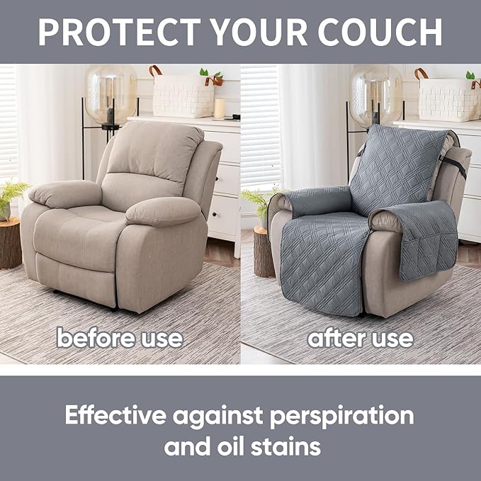 Easehomey 100% Waterproof Recliner Chair Covers, Non Slip Oversized Reclining Cover, Cover Furniture Protector Washable Chair Cover with Pocket,Elastic Straps for Kids,Pets,Dogs(Light Gray,28")