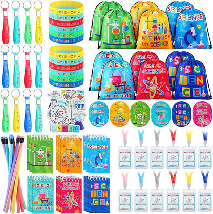 Zhanmai 140 Pcs Science Party Favors Include 12 Keychain 18 Mini Notebooks 50 Science Stickers 12 Bracelets 12 Science Name Badge 12 Drawstring Bags 12 Bendable Pencils 12 Button Pins for Kids Party