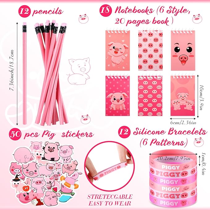 Nezyo 140 Pcs Pig Party Favors for Kids Include Pig Goodie Bags Bracelets Badges Keychains Spiral Notepads Pink Pencils and DIY Stickers for Girls Boys Birthday Baby Shower Pig Party Supplies