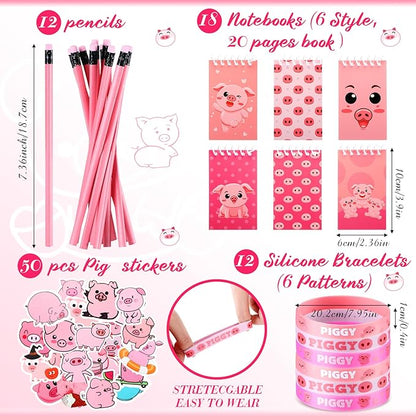 Nezyo 140 Pcs Pig Party Favors for Kids Include Pig Goodie Bags Bracelets Badges Keychains Spiral Notepads Pink Pencils and DIY Stickers for Girls Boys Birthday Baby Shower Pig Party Supplies