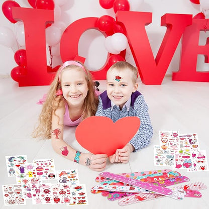 12 Valentines Slap Bracelets Wristbands, 12 Kids Temporary Tattoos Sheet, Heart Donut Monster Friendship,Valentine’s Day Party Favors Supplies, Valentines Gift Classroom Prizes Exchanging