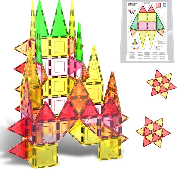 PicassoTiles Magnet Tile Building Block Set Magnetic Construction Square Triangle Tiles Toy Kit Sparking Creativity Geometric Shapes STEM Educational Learning Brain Development Kids Ages 3+ PB12