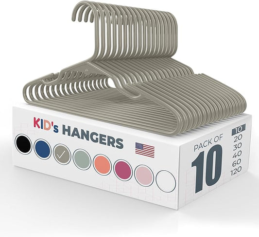 10pk Made in USA Baby Hangers | Kids Hangers for Children's Clothes, Toddler Outfits and Clothing | 20 50 100 Pack Available | Kid Plastic Hanger for Closet and Nursery | Child Kid Hangars (Gray)