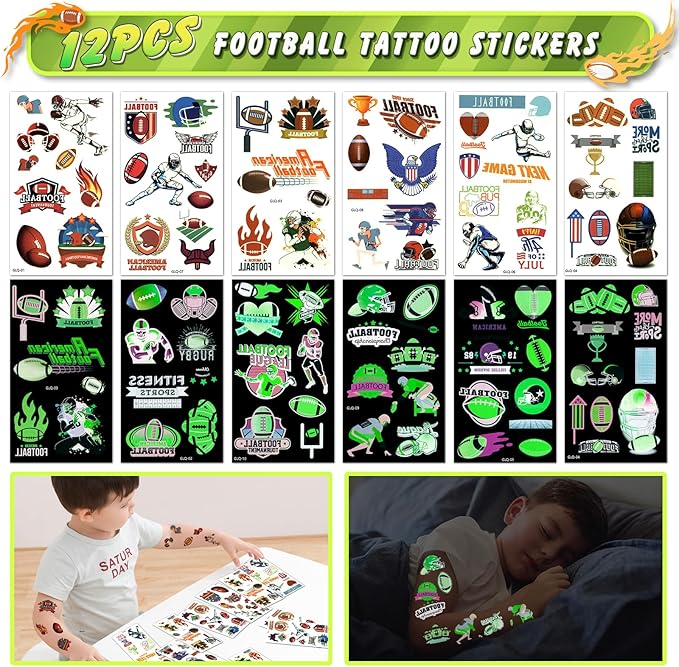 12 Set Football Party Favors Sport Birthday Supplies Drawstring Backpack Silicone Bracelet Keychain Tattoo Sticker Toy Gift Boy Kid Goodie Bag Stuffers Classroom Reward Football Party Supplies