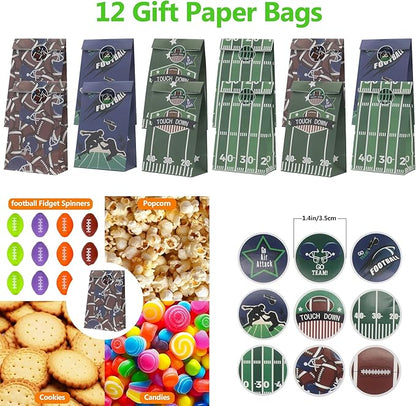 134 Pcs Football Party Favors Set 12 Silicone Bracelet 12 Whistles 12 Keychains 12 Slap Bracelet 12 Tattoo Stickers 12 Fidget Spinners 12 Gift Bags 50 Football Stickers for Football Party Supplies