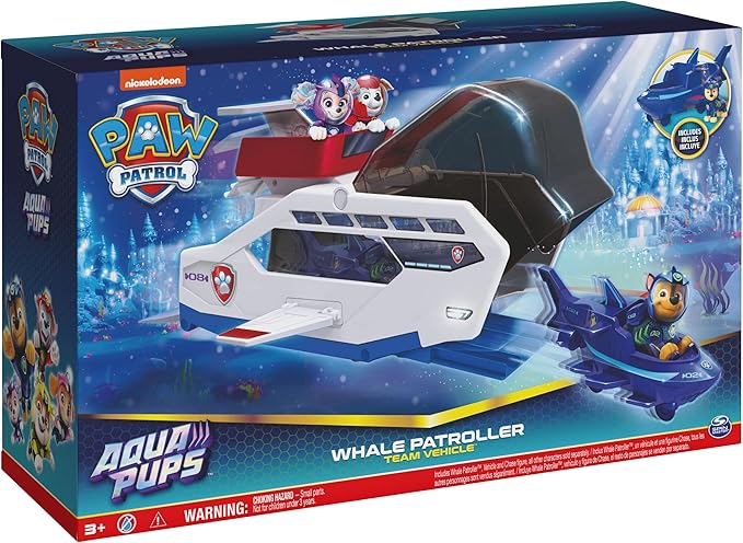 Paw Patrol Aqua Pups Whale Patroller Team Vehicle with Chase Action Figure, Toy Car and Vehicle Launcher, Kids Toys for Ages 3 and up