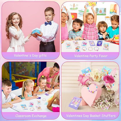 Valentines Day Gifts for Kids Classroom,Unicorn Valentines Cards for Kids School Girls, Princess Valentines Cards and Charm Bracelet, Mermaid Valentines Cards,Valentine Party Favors - 24 Packs
