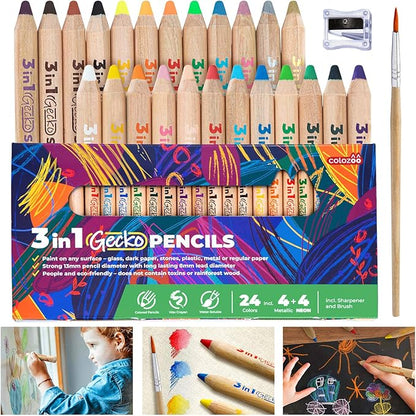 3 In 1 Colouring Pencils | 24 Colours Set inc. Brush And Sharpener | Non-Toxic And Vegan Colours For Ages 3 And Up