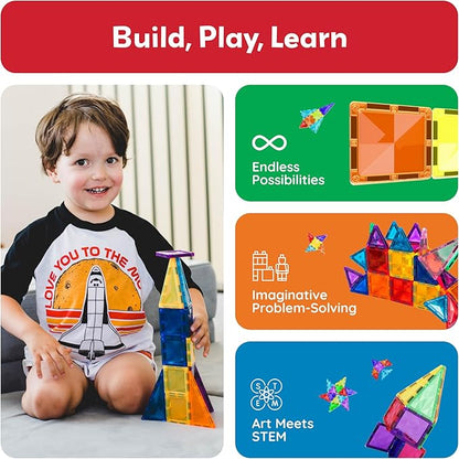 PicassoTiles Magnetic Tiles Building Blocks Mini Size Diamond Series Magnet Toys Travel Size On-The-Go Magnets Construction Sensory Toys Gifts Educational Set Toddlers STEM Learning Kit Playset PTM40
