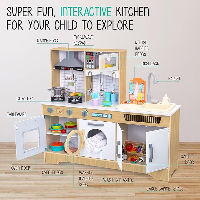 Lil' Jumbl Kids Wooden Natural Color Kitchen Set, Pretend Working Sink with Real Running Water, Includes Range Hood, Microwave & Stove Top, Realistic Sound & Light, Full Accessory Set Included