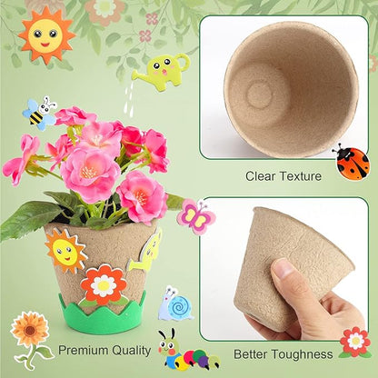 Ayfjovs Garden Paper Pot Craft Kit 55 Pack Flower Plant Spring Craft for Kids with 200 PCS Adhesive Foam Stickers and 55 PCS Plastic Plant Labels for Kids Garden, DIY and Early Education