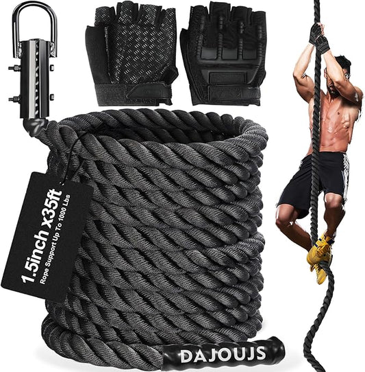 Climbing Rope Gym Workout - 1.5 Inch Dia 10FT 15FT 20FT 25FT 30FT 35FT 40FT 50FT Heavy Duty Work Out Rope Exercise Climbing Ropes for Adults Kids Fitness & Strength Training Outdoor & Indoor - Black