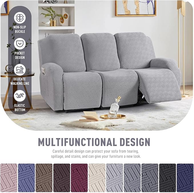 KinCam Recliner Covers, Stretch Reclining Chair Covers, Recliner Sofa Slipcovers Stripe Jacquard Recliner Couch Covers Furniture Protector Covers for Pet Kid (3 Seater, Silver Gray)