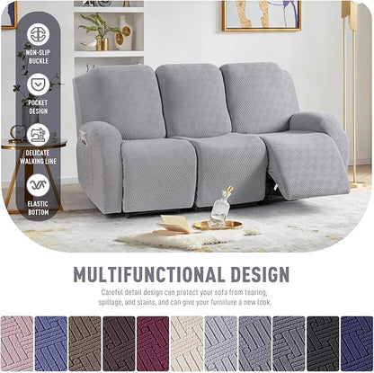 KinCam Recliner Covers, Stretch Reclining Chair Covers, Recliner Sofa Slipcovers Stripe Jacquard Recliner Couch Covers Furniture Protector Covers for Pet Kid (3 Seater, Silver Gray)