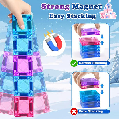 Mini Magnetic Tiles Travel Set 40PCS with Iron Box Princess Castle Pretend Girl Play Toys Age 3 4-5 6-8, Educational Portable Magnet Building Tiles Christmas Birthday Gifts for Toddlers Boys & Girls