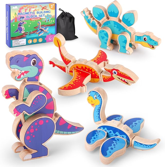 Dinosaur Building Blocks Toys, Magnetic Wooden Building Blocks with Stem Take Apart Dinos Playset, Promoting Montessori Fine Motor Skills, Great Gift for Kids 3-5 Years Old