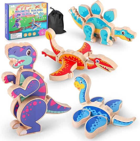 Dinosaur Building Blocks Toys, Magnetic Wooden Building Blocks with Stem Take Apart Dinos Playset, Promoting Montessori Fine Motor Skills, Great Gift for Kids 3-5 Years Old