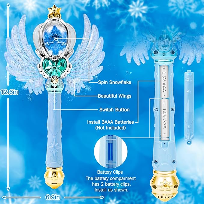 Light Up Snowflake Wand with Spinning LEDs and Sound Magic Princess Toys for Kids Girls Birthday Cosplay Party Favors, Blue