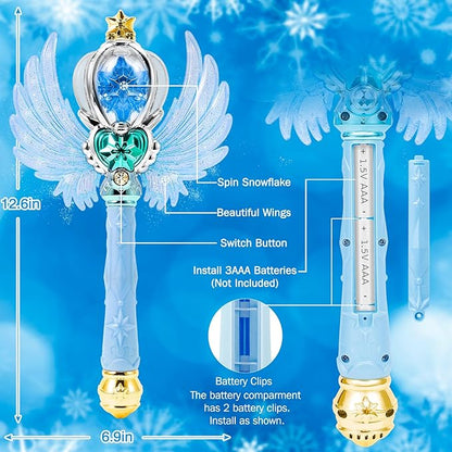 Light Up Snowflake Wand with Spinning LEDs and Sound Magic Princess Toys for Kids Girls Birthday Cosplay Party Favors, Blue