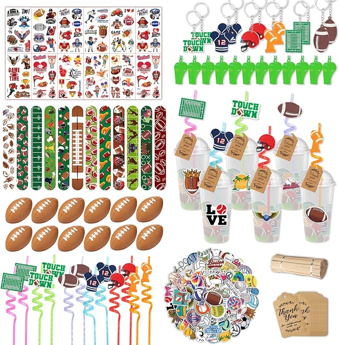 Football Party Favors, 172 pcs Birthday Party Supplies contains Cups, Straws, Whistles, Bracelets, Keychains, Stickers, Soft Balls, Tatoo Stickers, Thank You Tags for Sport Themed Birthday Decors