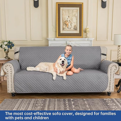 XINEAGE Quilted Sofa Cover Waterproof Couch Covers for 3 Cushion Couch, Super Soft Washable Slipcover with Pockets & Non-Slip Elastic Straps, Thick Furniture Protector (Sofa, Light Grey)