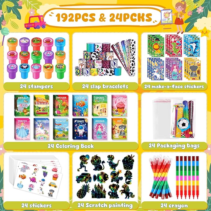 BenLouis 192Pcs Kids Party Favors Mini Coloring Books Crayon Slap Bracelets Stickers Set Bulk for Kids 4-8-12 Classroom Birthday Gifts Goodie Bags Pinata Stuffers School Rewards Crafts Supplies