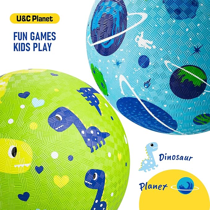 U&C Planet Playground Balls for Toddlers 1-3, 2 Pack 6 inch 8.5 inch Kickball for Kids Outdoor Indoor, Catoon Rubber Balls with Pump, Child Gift for Boys Girls 1-3 3-5 5-10