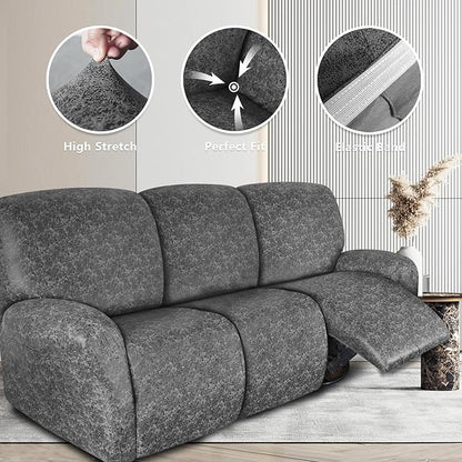 Leather Look Recliner Couch Cover 8-Piece Recliner Sofa Slipcovers 3 Seater for Reclining Couches Furniture Protector Spandex Fabric Washable (3 Seater, Light Grey)