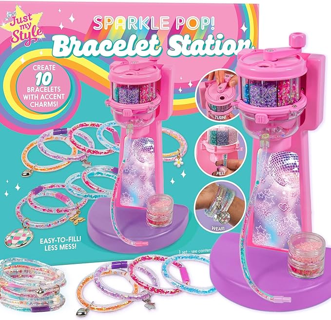 Just My Style Sparkle Pop Bracelet Maker, Make 10 Glitter Jelly Bracelets, Soft Glitter Filled Jelly Bangles, Bracelet Making Kit with Charms, Beads, Rhinestones, 90s Jewelry, Y2K Accessories